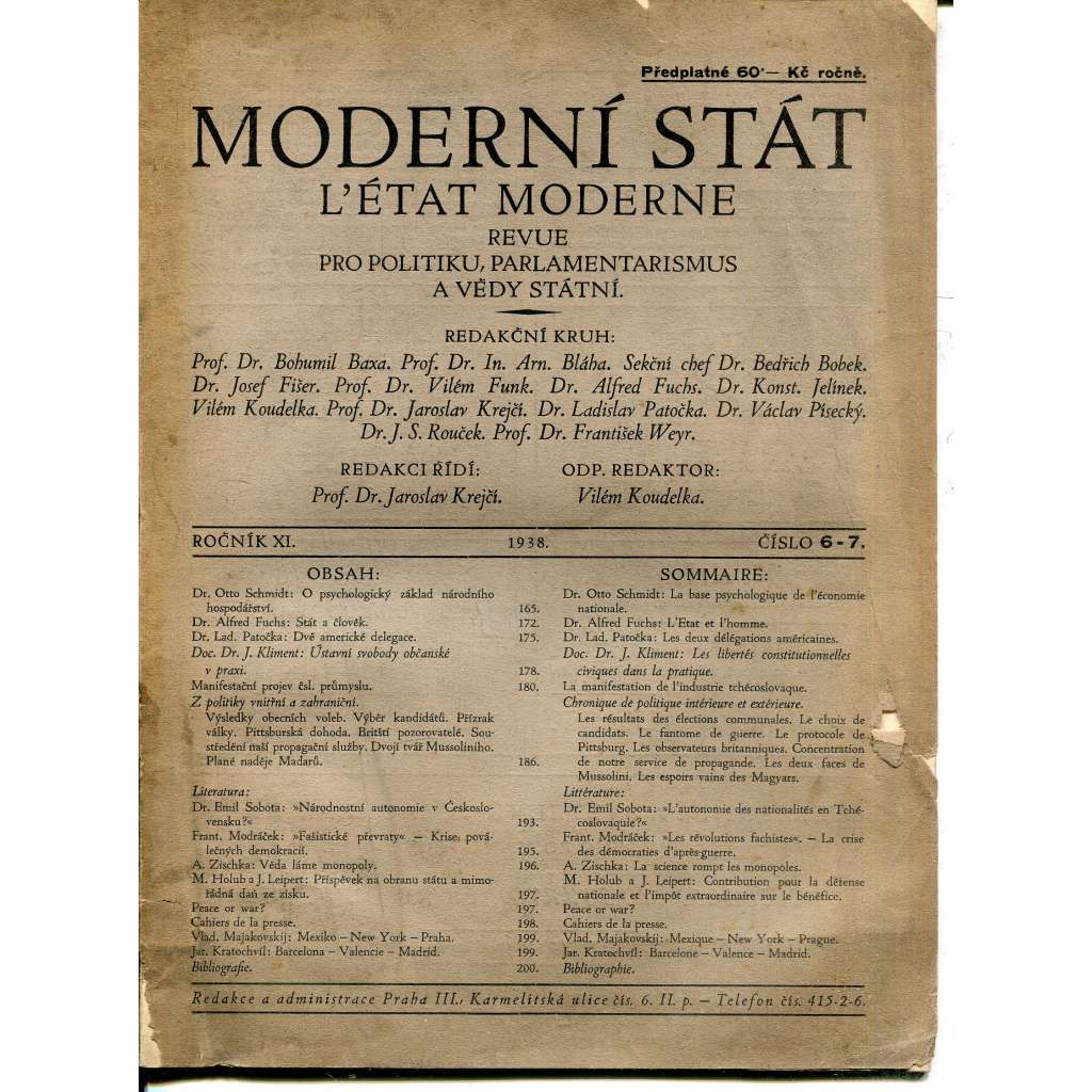 Moderní stát, ročník XI, číslo 6-7/1938. Revue pro politiku, parlamentarismus a vědy státní (časopis)