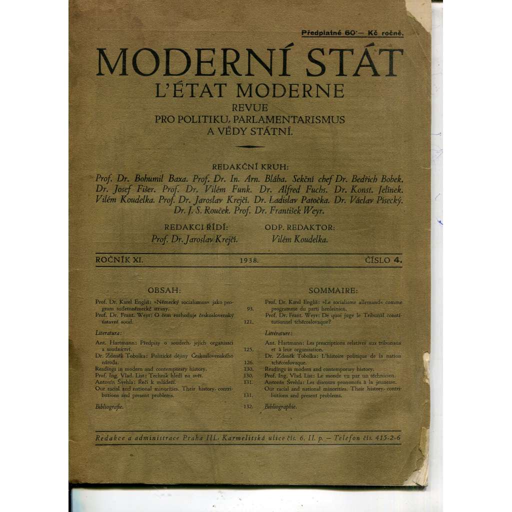 Moderní stát, ročník XI, číslo 4/1938. Revue pro politiku, parlamentarismus a vědy státní (časopis)