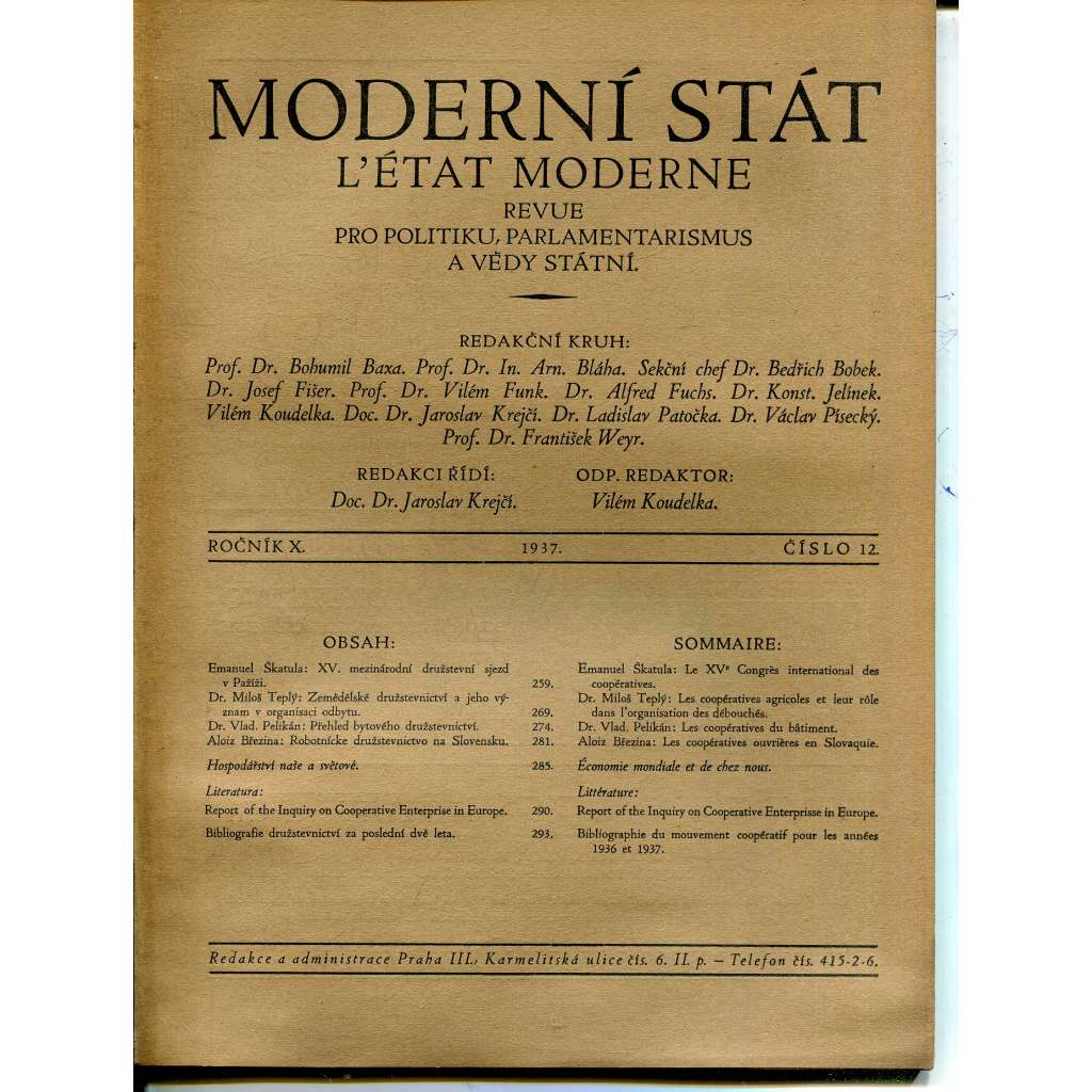 Moderní stát, ročník X., číslo 12/1937. Revue pro politiku, parlamentarismus a vědy státní (časopis)