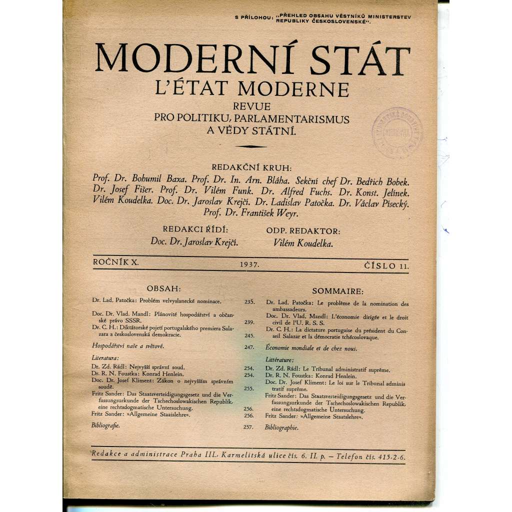 Moderní stát, ročník X., číslo 11/1937. Revue pro politiku, parlamentarismus a vědy státní (časopis)