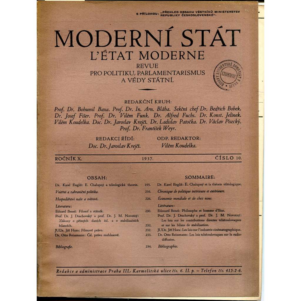 Moderní stát, ročník X., číslo 10/1937. Revue pro politiku, parlamentarismus a vědy státní (časopis)
