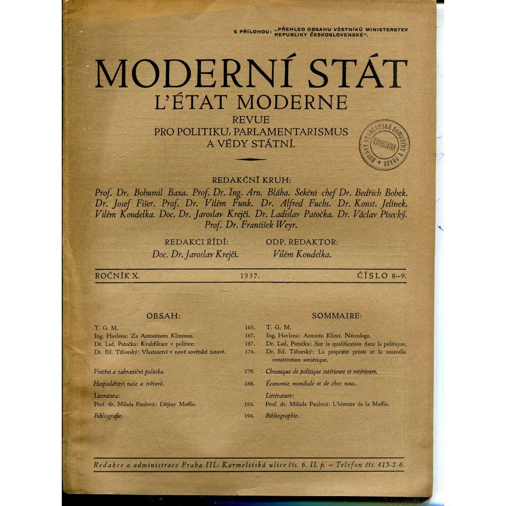Moderní stát, ročník X., číslo 8-9/1937. Revue pro politiku, parlamentarismus a vědy státní (časopis)