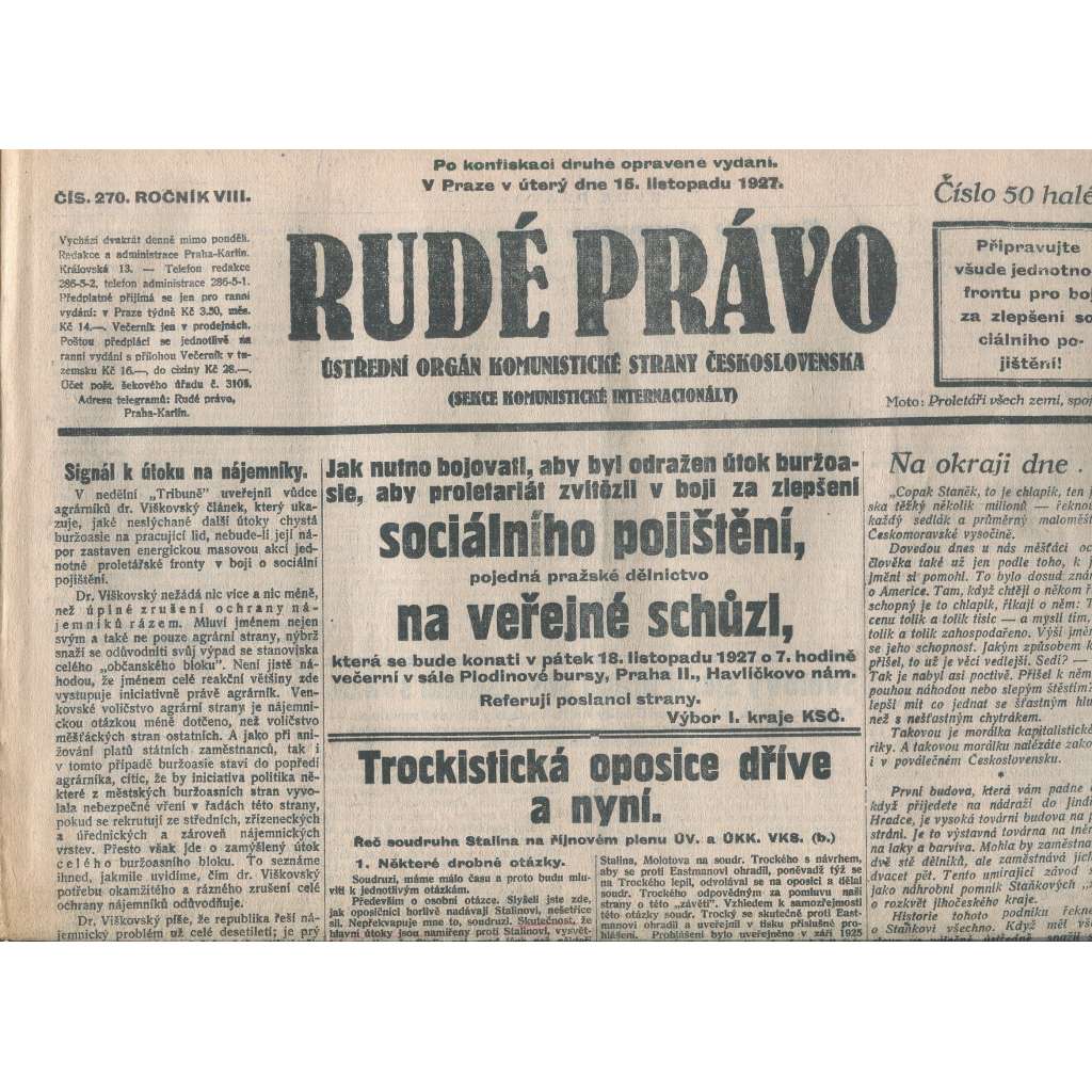 Rudé právo, ročník VIII., číslo 270/1927. Ústřední orgán Komunistické strany Československa (staré noviny, 1. republika)