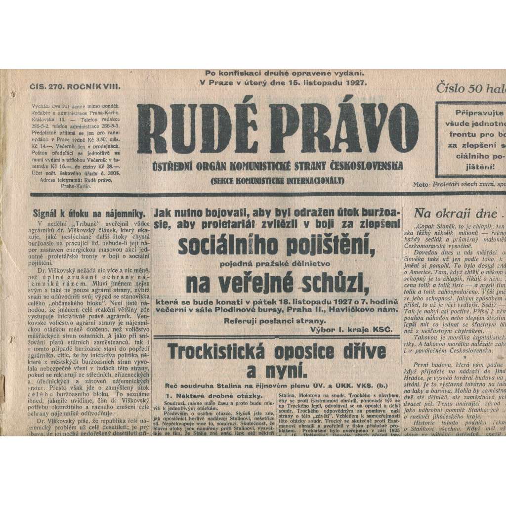Rudé právo, ročník VIII., číslo 270/1927. Ústřední orgán Komunistické strany Československa (staré noviny, 1. republika)