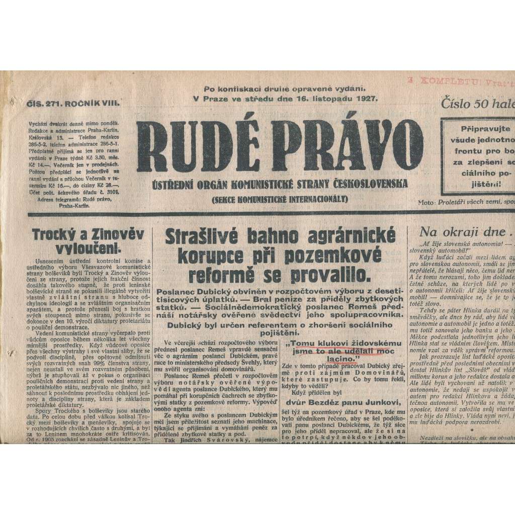 Rudé právo, ročník VIII., číslo 271/1927. Ústřední orgán Komunistické strany Československa (staré noviny, 1. republika)