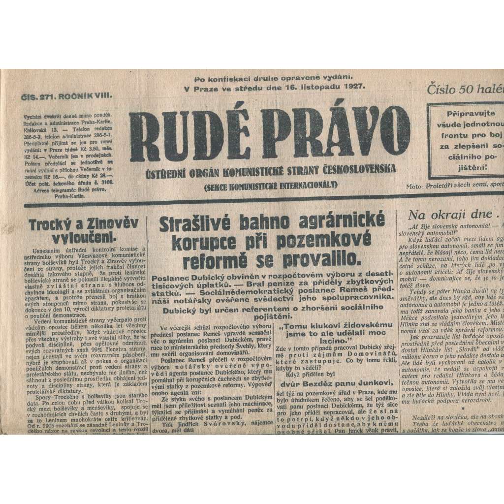 Rudé právo, ročník VIII., číslo 271/1927. Ústřední orgán Komunistické strany Československa (staré noviny, 1. republika)