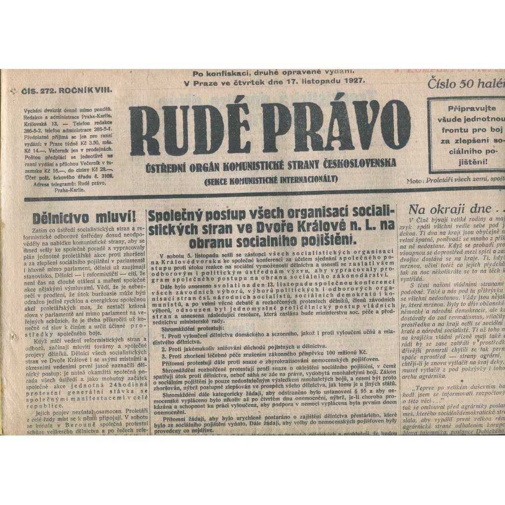 Rudé právo, ročník VIII., číslo 272/1927. Ústřední orgán Komunistické strany Československa (staré noviny, 1. republika)