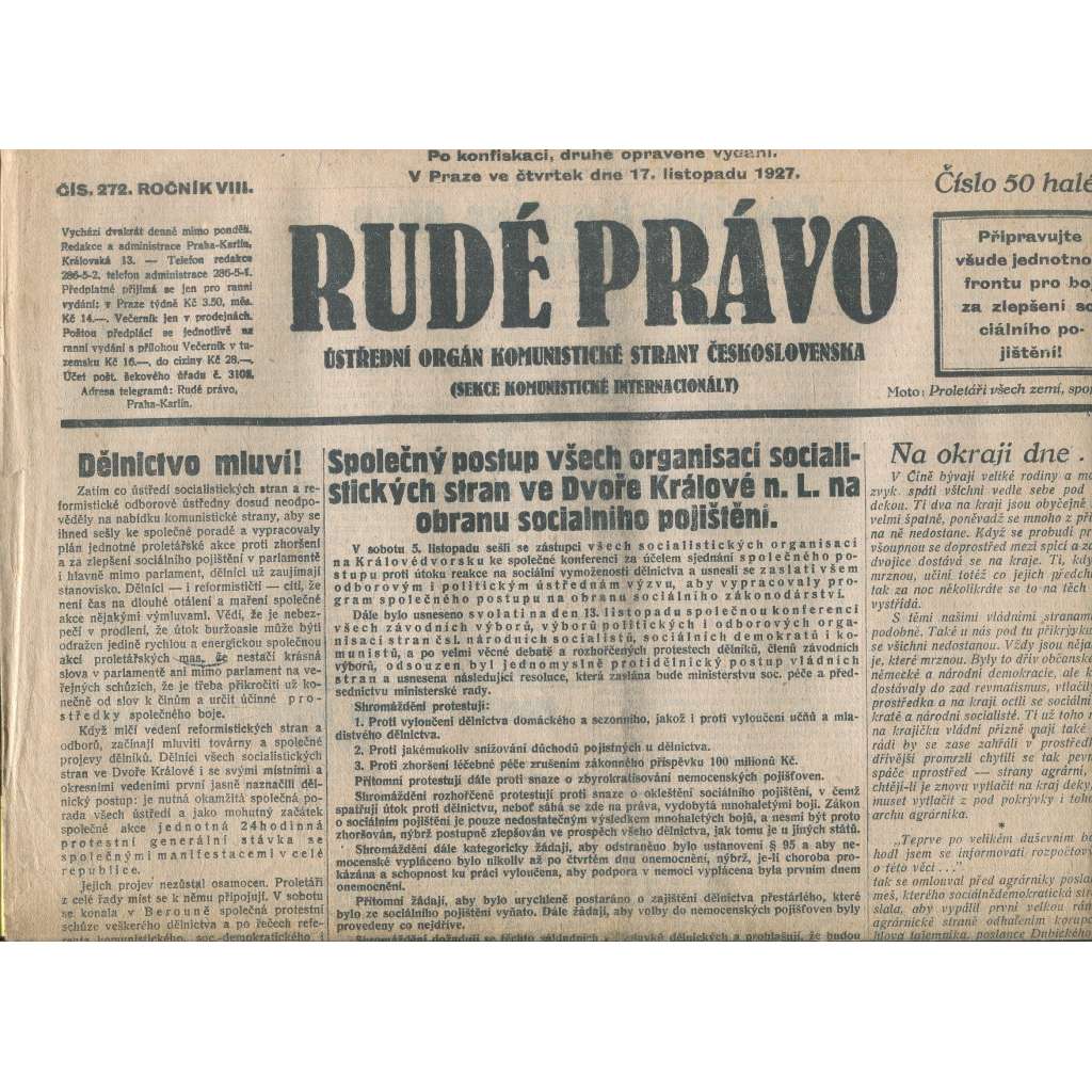 Rudé právo, ročník VIII., číslo 272/1927. Ústřední orgán Komunistické strany Československa (staré noviny, 1. republika)