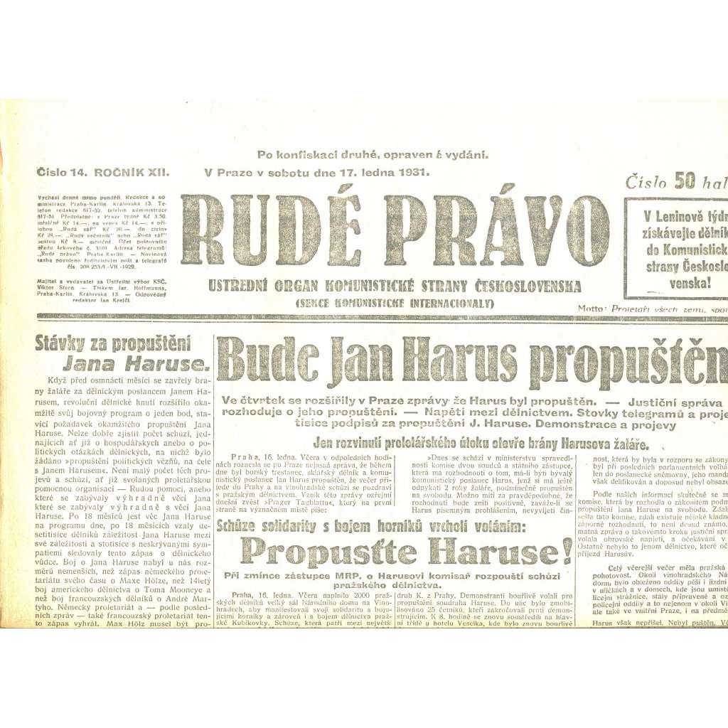 Rudé právo, ročník XII., číslo 14/1931. Ústřední orgán Komunistické strany Československa (staré noviny, 1. republika)