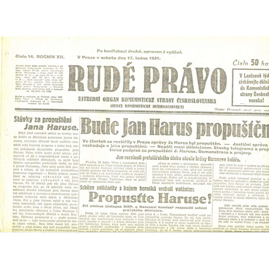 Rudé právo, ročník XII., číslo 14/1931. Ústřední orgán Komunistické strany Československa (staré noviny, 1. republika)