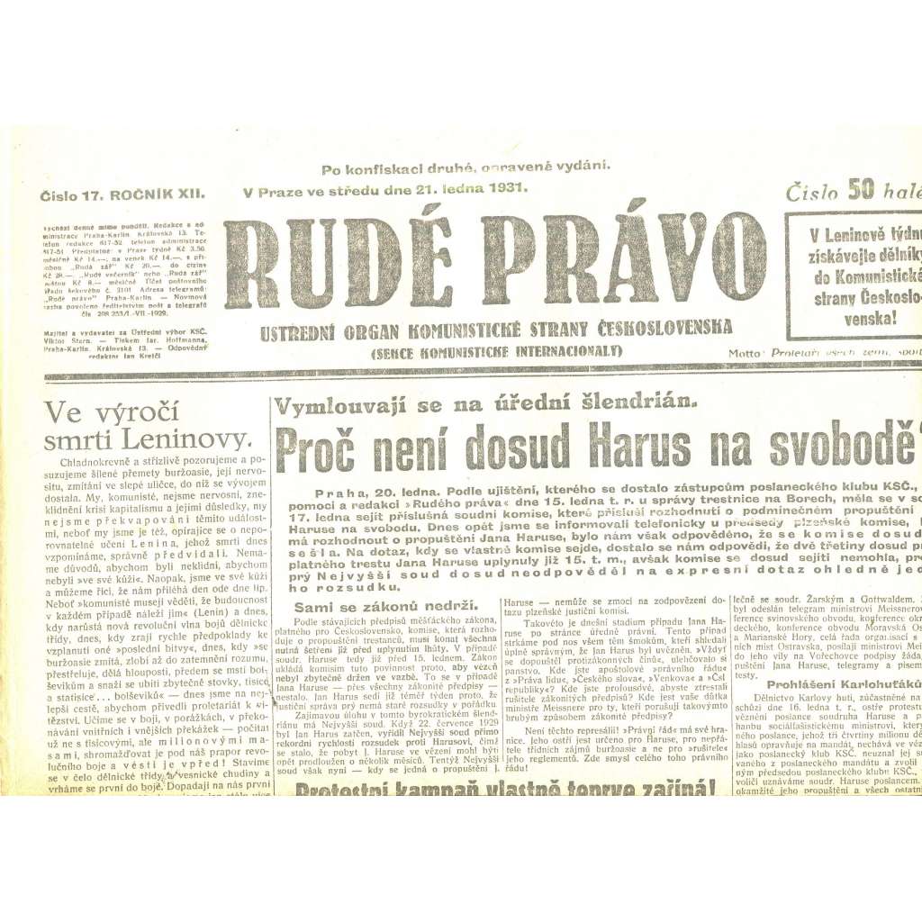 Rudé právo, ročník XII., číslo 17/1931. Ústřední orgán Komunistické strany Československa (staré noviny, 1. republika)