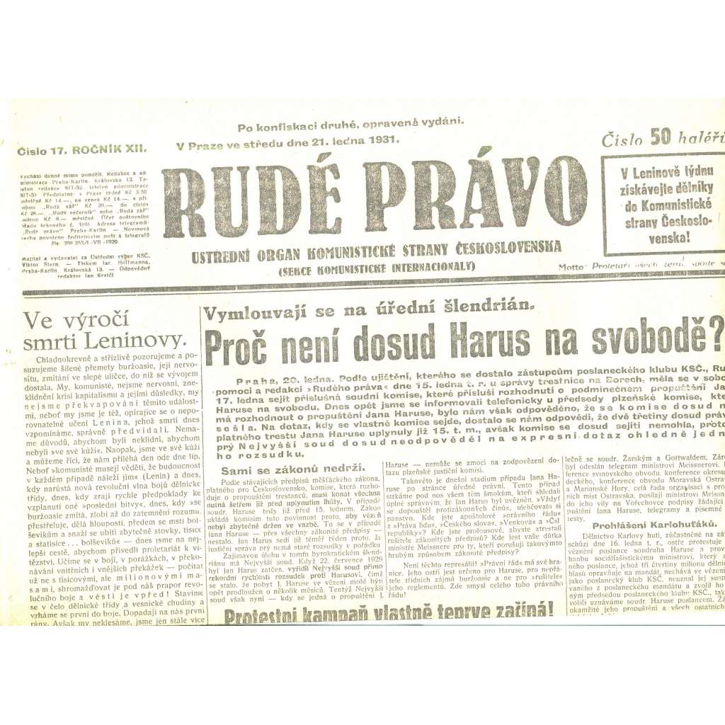 Rudé právo, ročník XII., číslo 17/1931. Ústřední orgán Komunistické strany Československa (staré noviny, 1. republika)