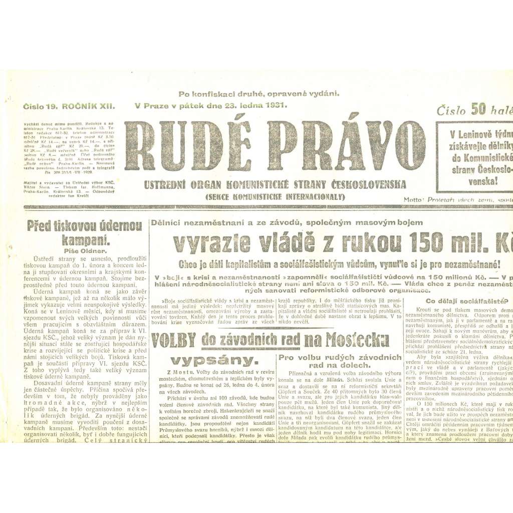 Rudé právo, ročník XII., číslo 19/1931. Ústřední orgán Komunistické strany Československa (staré noviny, 1. republika)