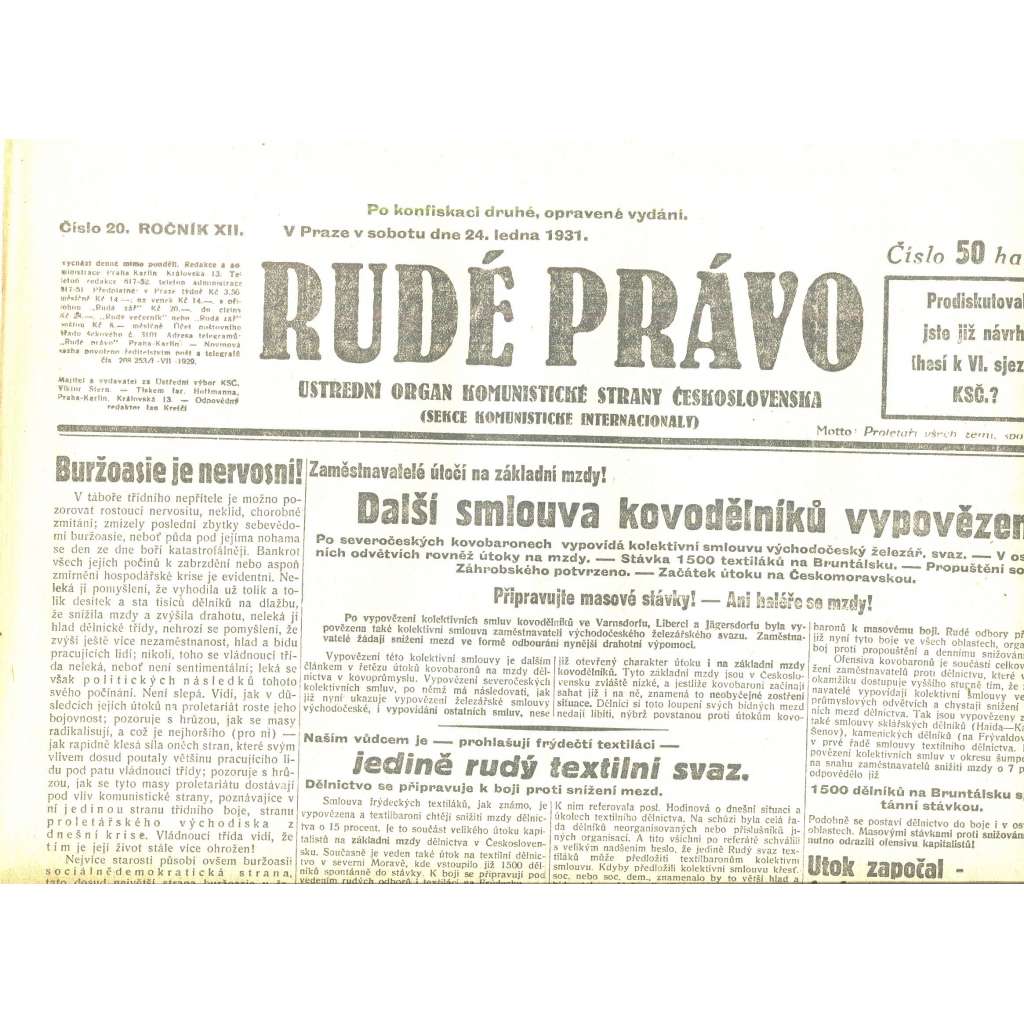 Rudé právo, ročník XII., číslo 20/1931. Ústřední orgán Komunistické strany Československa (staré noviny, 1. republika)