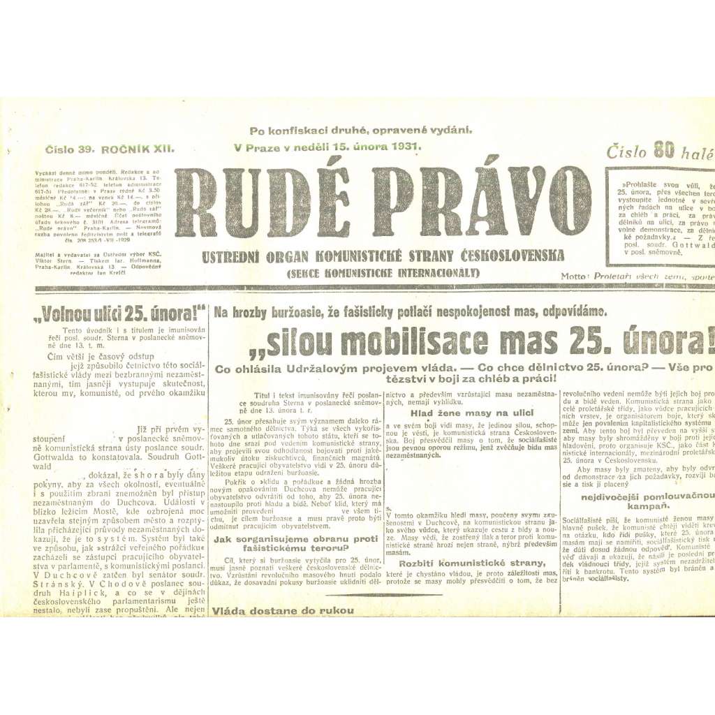 Rudé právo, ročník XII., číslo 39/1931. Ústřední orgán Komunistické strany Československa (staré noviny, 1. republika)