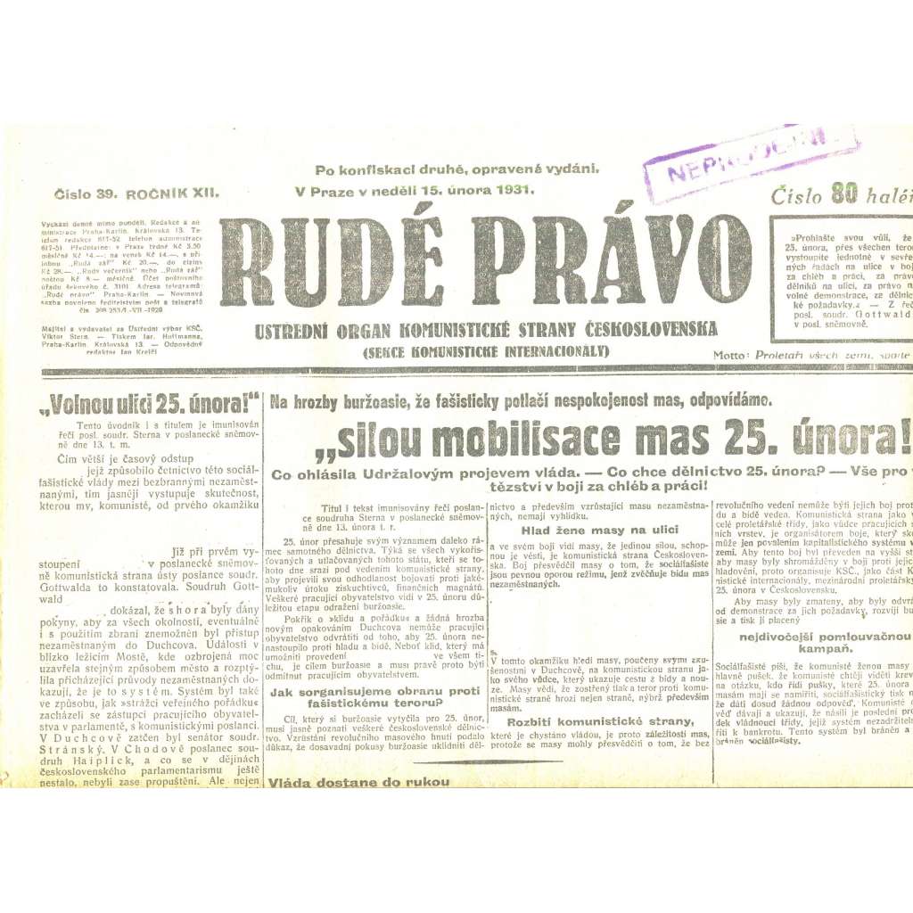Rudé právo, ročník XII., číslo 39/1931. Ústřední orgán Komunistické strany Československa (staré noviny, 1. republika)