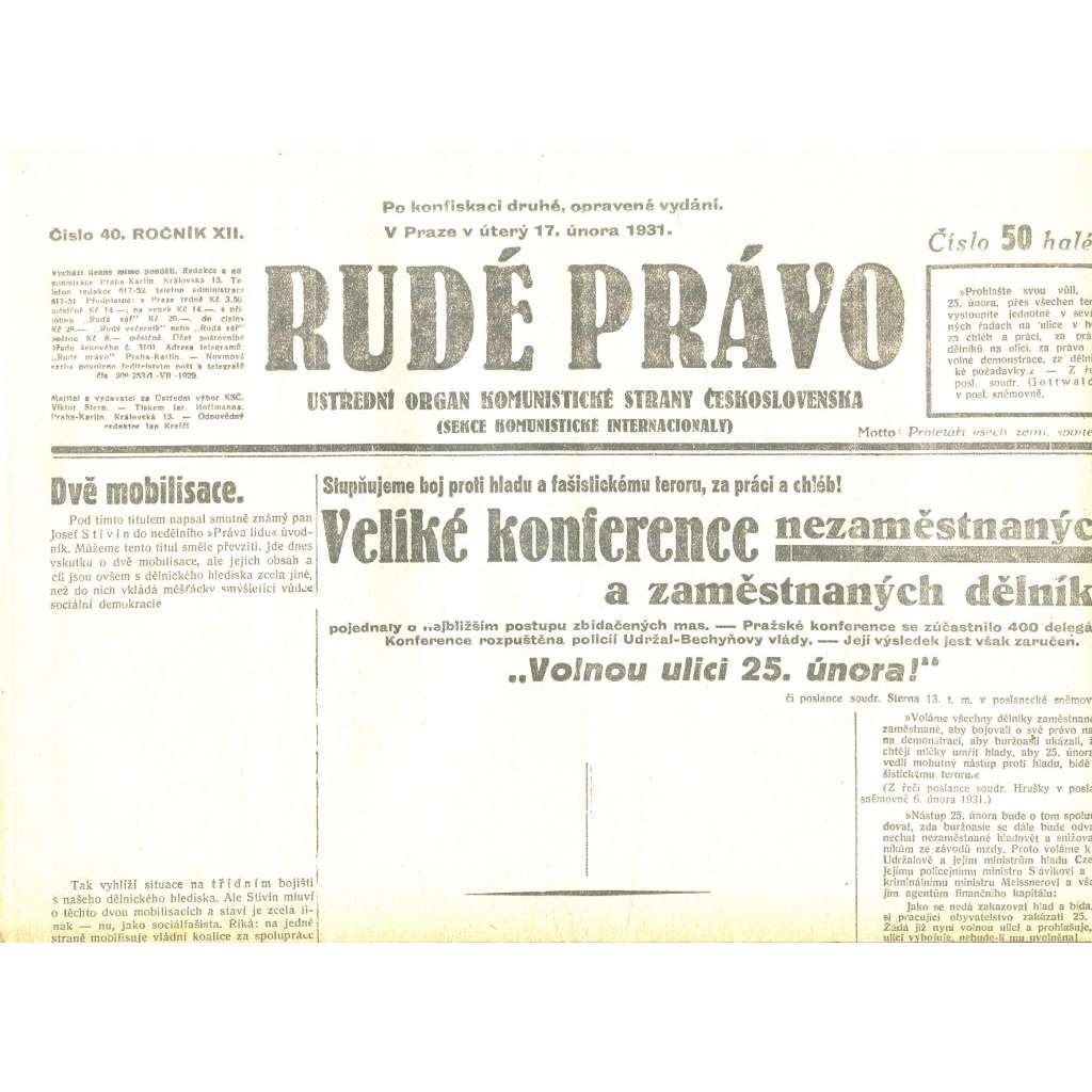 Rudé právo, ročník XII., číslo 40/1931. Ústřední orgán Komunistické strany Československa (staré noviny, 1. republika)