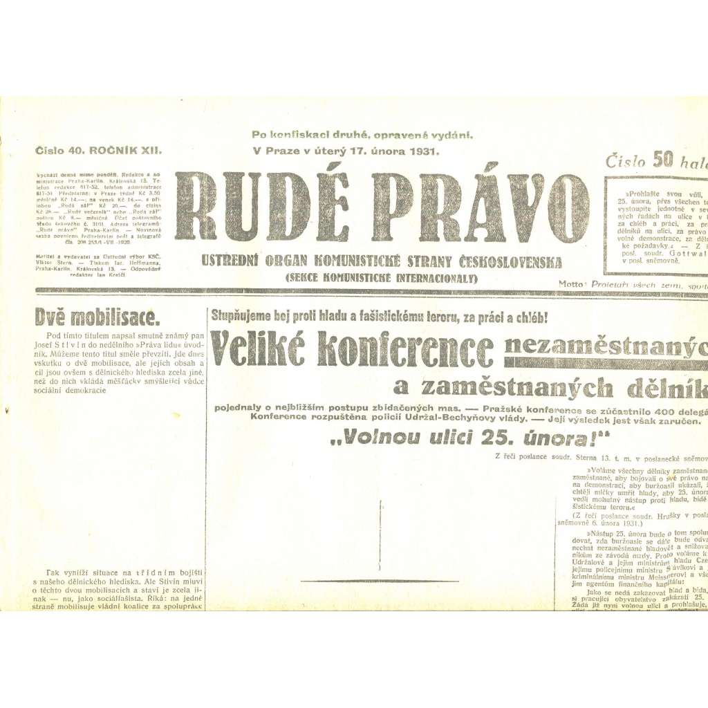 Rudé právo, ročník XII., číslo 40/1931. Ústřední orgán Komunistické strany Československa (staré noviny, 1. republika)