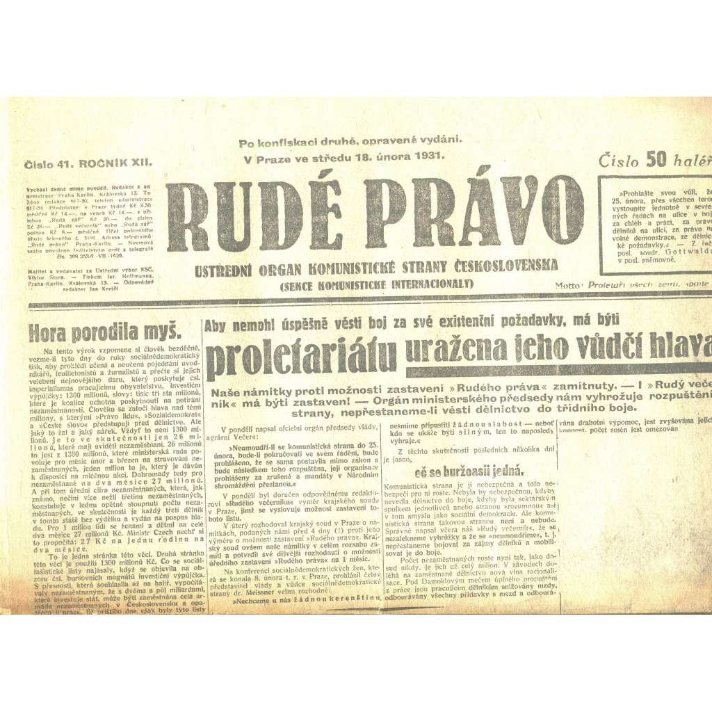 Rudé právo, ročník XII., číslo 41/1931. Ústřední orgán Komunistické strany Československa (staré noviny, 1. republika)