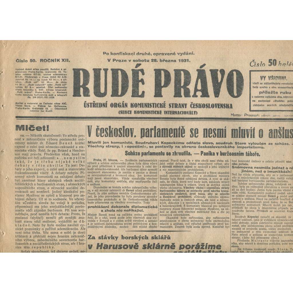 Rudé právo, ročník XII., číslo 50/1931. Ústřední orgán Komunistické strany Československa (staré noviny, 1. republika)
