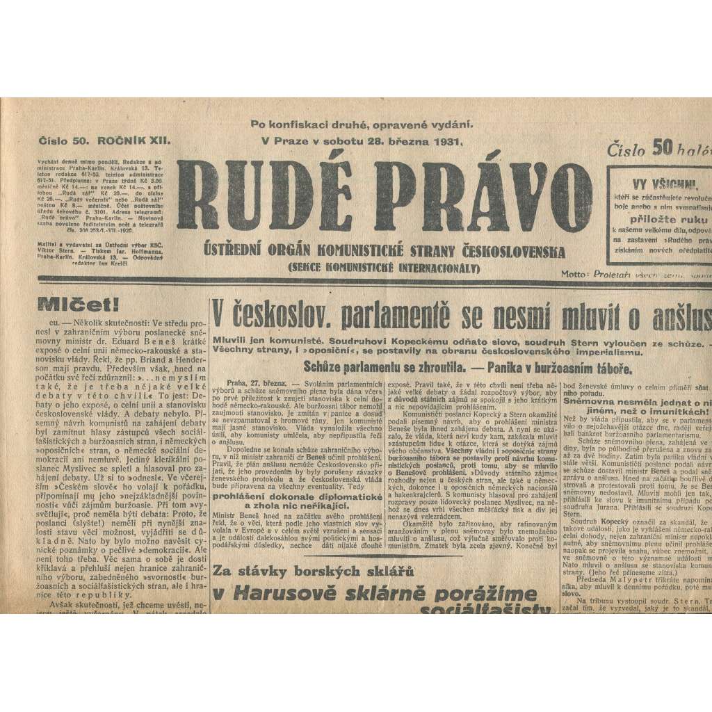Rudé právo, ročník XII., číslo 50/1931. Ústřední orgán Komunistické strany Československa (staré noviny, 1. republika)