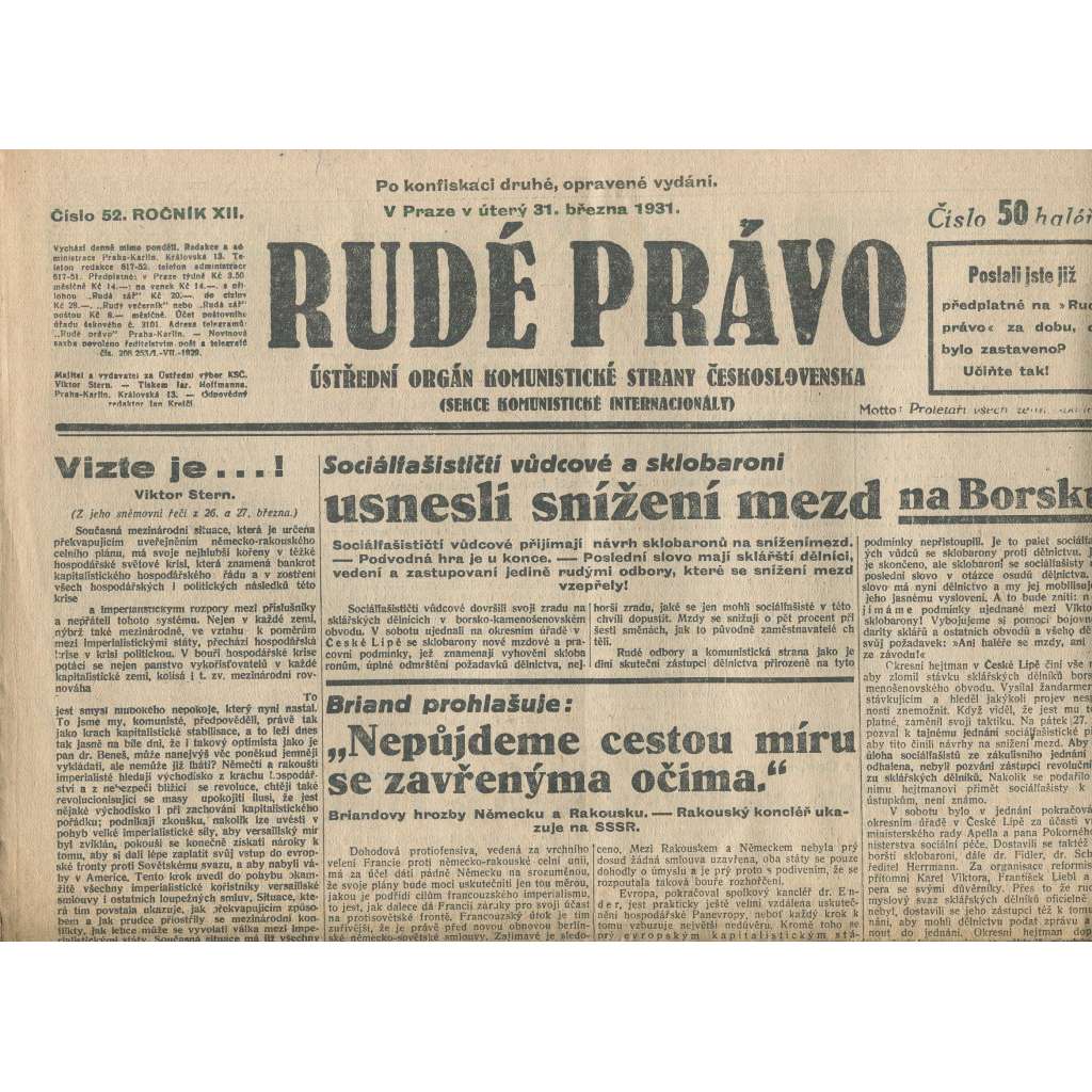 Rudé právo, ročník XII., číslo 52/1931. Ústřední orgán Komunistické strany Československa (staré noviny, 1. republika)
