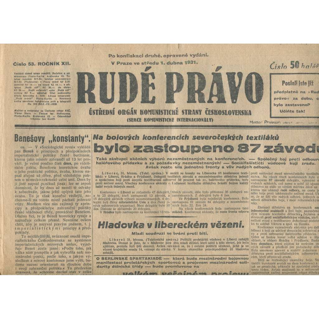 Rudé právo, ročník XII., číslo 53/1931. Ústřední orgán Komunistické strany Československa (staré noviny, 1. republika)