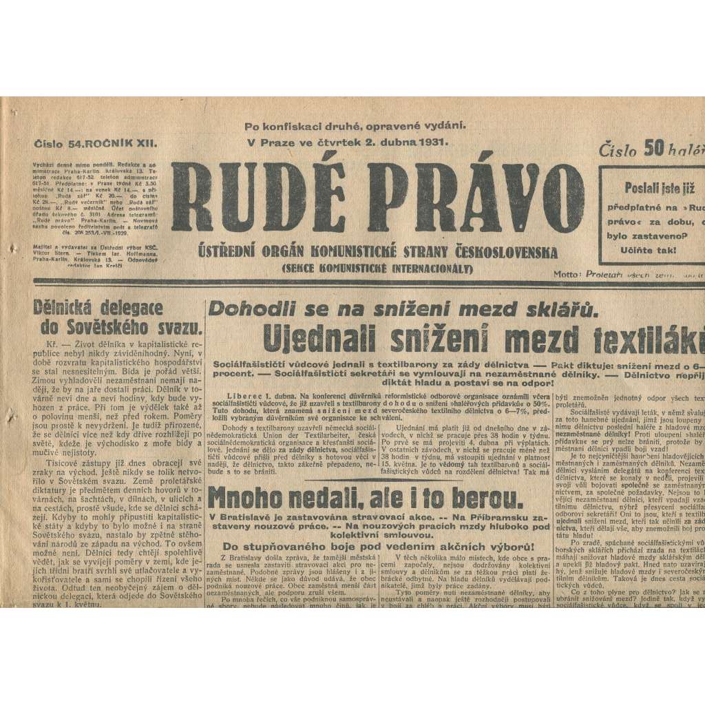 Rudé právo, ročník XII., číslo 54/1931. Ústřední orgán Komunistické strany Československa (staré noviny, 1. republika)