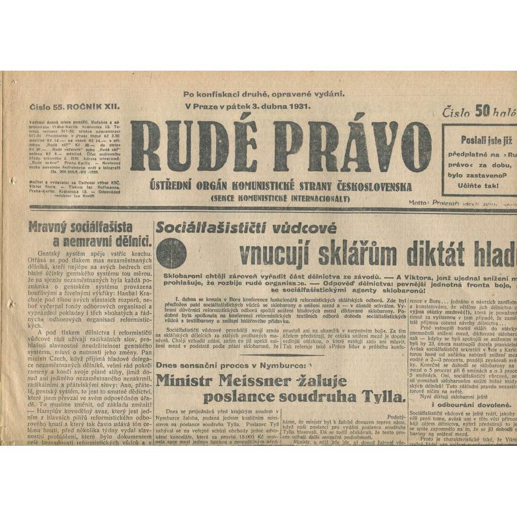 Rudé právo, ročník XII., číslo 55/1931. Ústřední orgán Komunistické strany Československa (staré noviny, 1. republika)