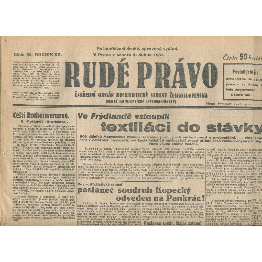 Rudé právo, ročník XII., číslo 56/1931. Ústřední orgán Komunistické strany Československa (staré noviny, 1. republika)
