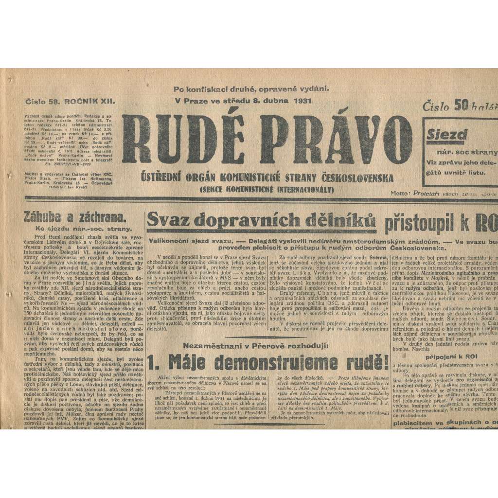 Rudé právo, ročník XII., číslo 58/1931. Ústřední orgán Komunistické strany Československa (staré noviny, 1. republika)