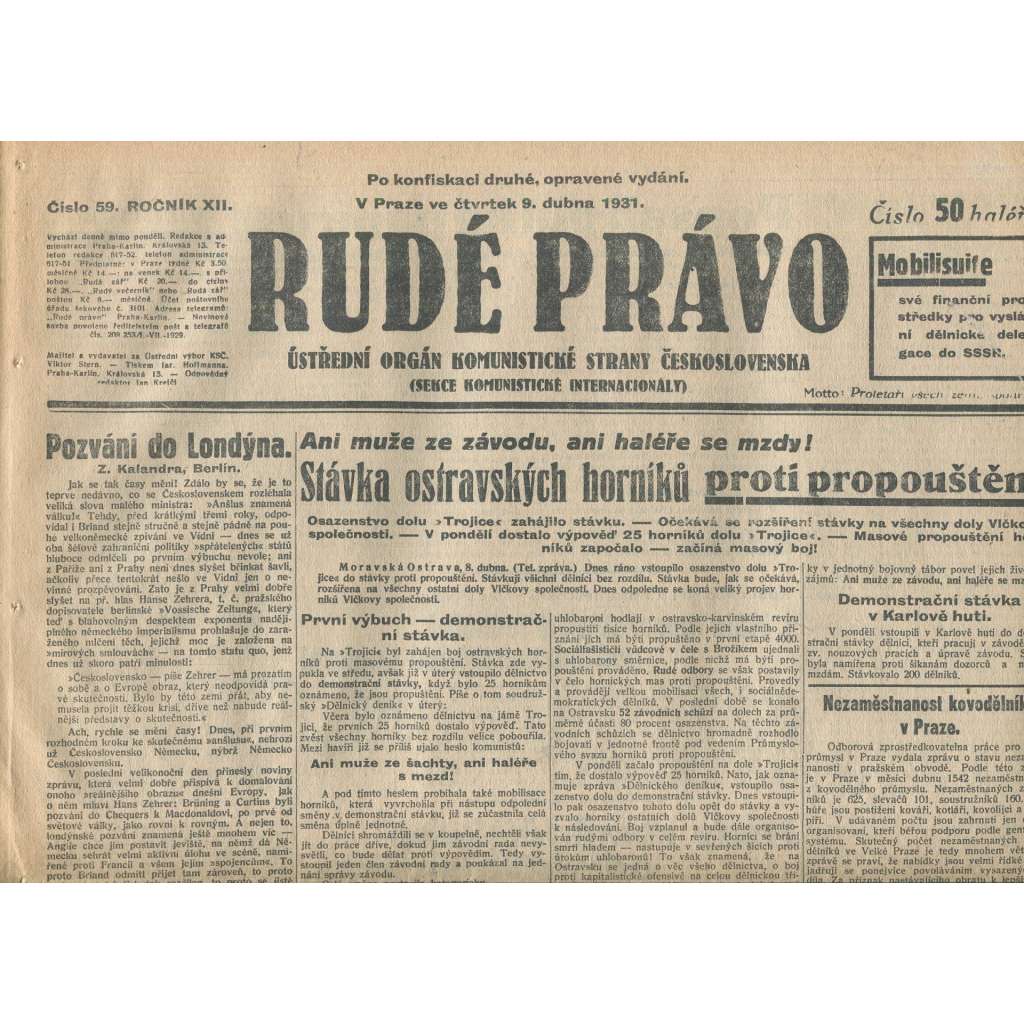 Rudé právo, ročník XII., číslo 59/1931. Ústřední orgán Komunistické strany Československa (staré noviny, 1. republika)