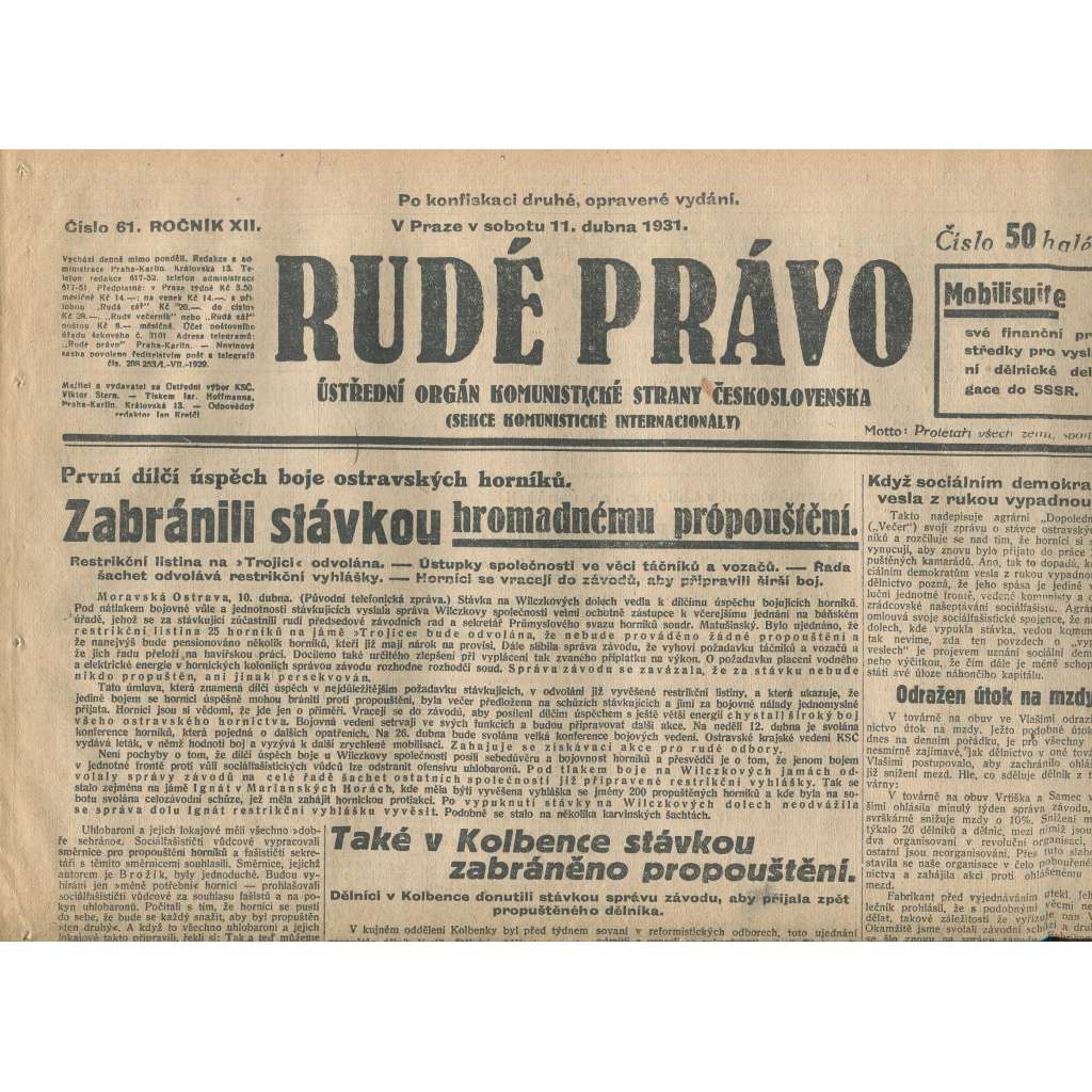 Rudé právo, ročník XII., číslo 61/1931. Ústřední orgán Komunistické strany Československa (staré noviny, 1. republika)