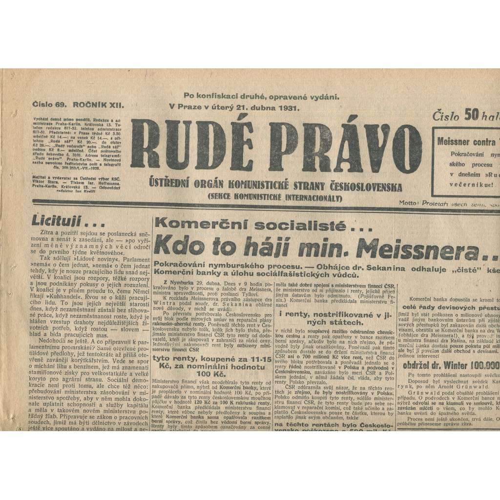 Rudé právo, ročník XII., číslo 69/1931. Ústřední orgán Komunistické strany Československa (staré noviny, 1. republika)