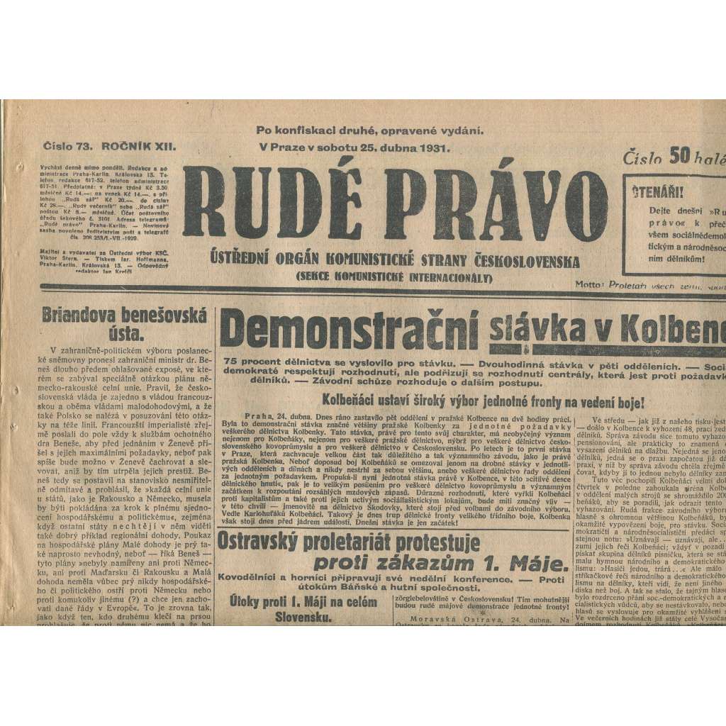 Rudé právo, ročník XII., číslo 73/1931. Ústřední orgán Komunistické strany Československa (staré noviny, 1. republika)