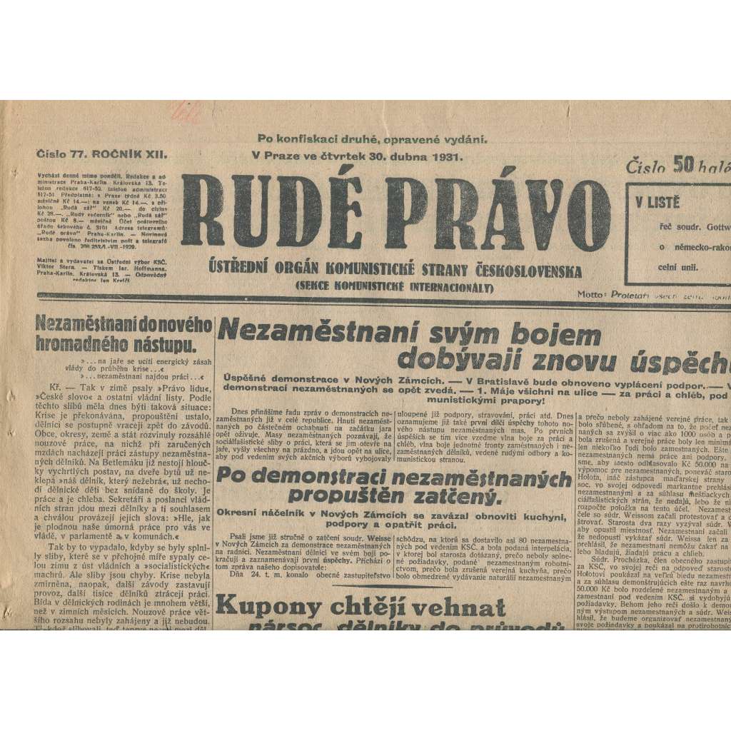 Rudé právo, ročník XII., číslo 77/1931. Ústřední orgán Komunistické strany Československa (staré noviny, 1. republika)