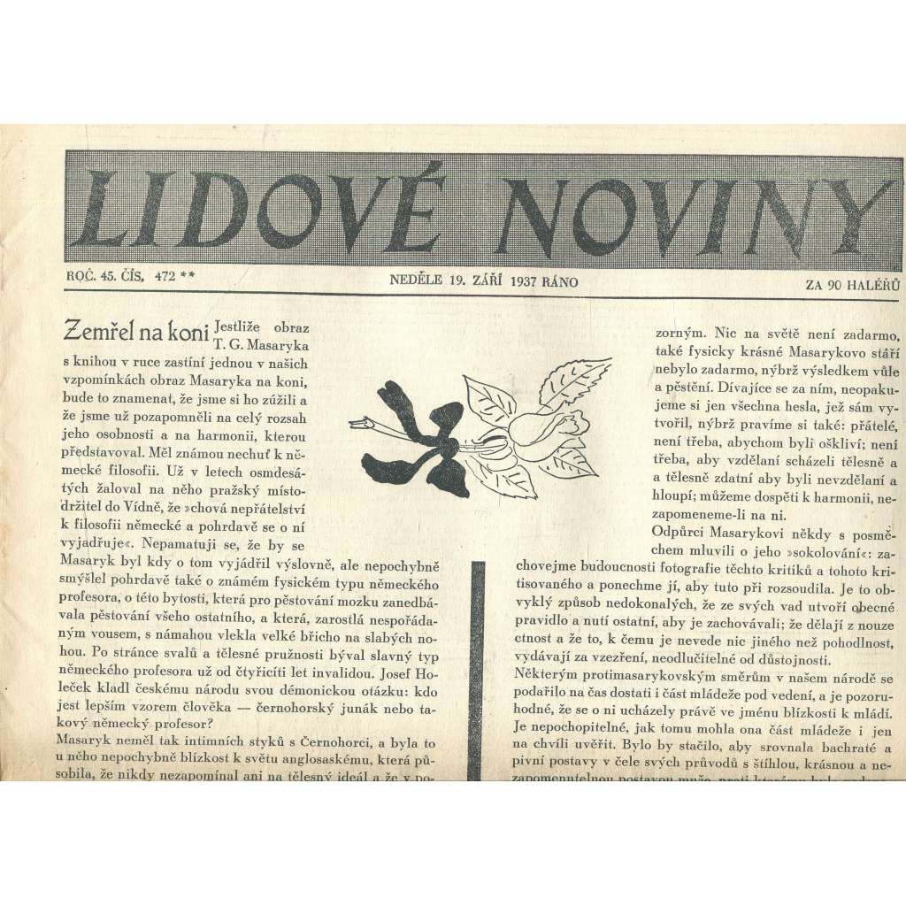 Lidové noviny, ročník 45., číslo 472/1937 (smrt T. G. Masaryk, prezident)