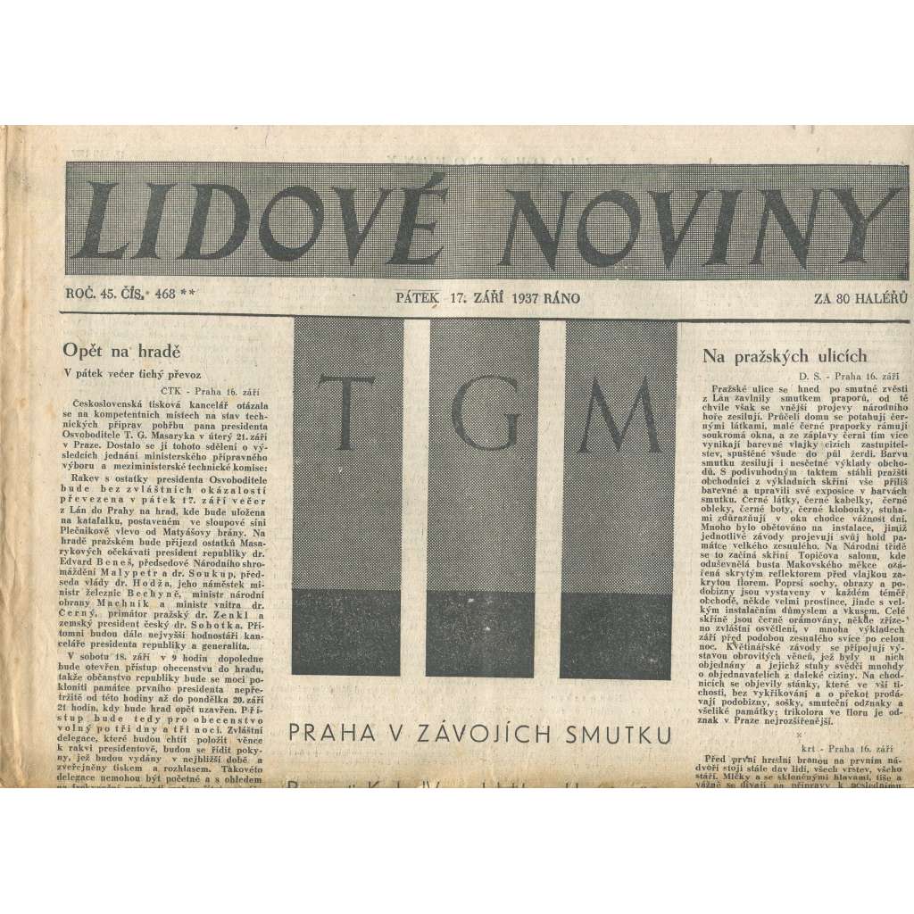 Lidové noviny, ročník 45., číslo 468/1937 (smrt T. G. Masaryk, prezident)