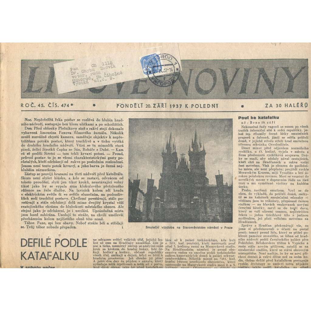 Lidové noviny, ročník 45., číslo 474/1937 (smrt T. G. Masaryk, prezident)