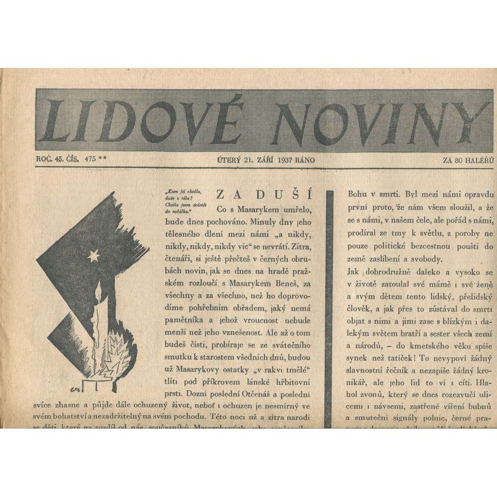 Lidové noviny, ročník 45., číslo 475/1937 (smrt T. G. Masaryk, prezident)