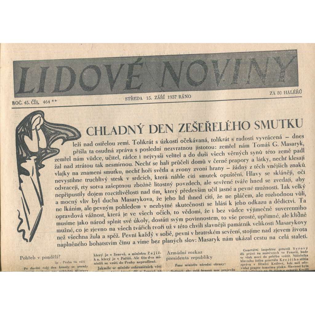 Lidové noviny, ročník 45., číslo 464/1937 (smrt T. G. Masaryk, prezident)