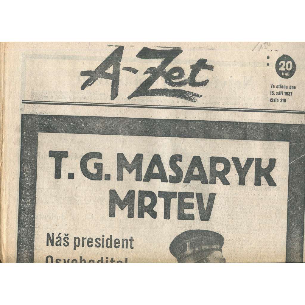 A-Zet, noviny, 1937 (smrt T. G. Masaryk, prezident) - pošk.