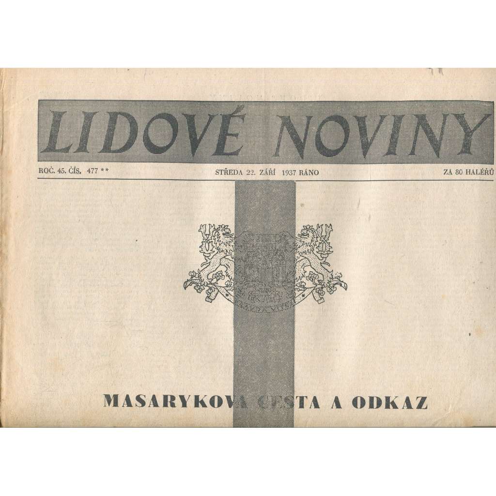 Lidové noviny, ročník 45., číslo 477/1937 (smrt T. G. Masaryk, prezident)