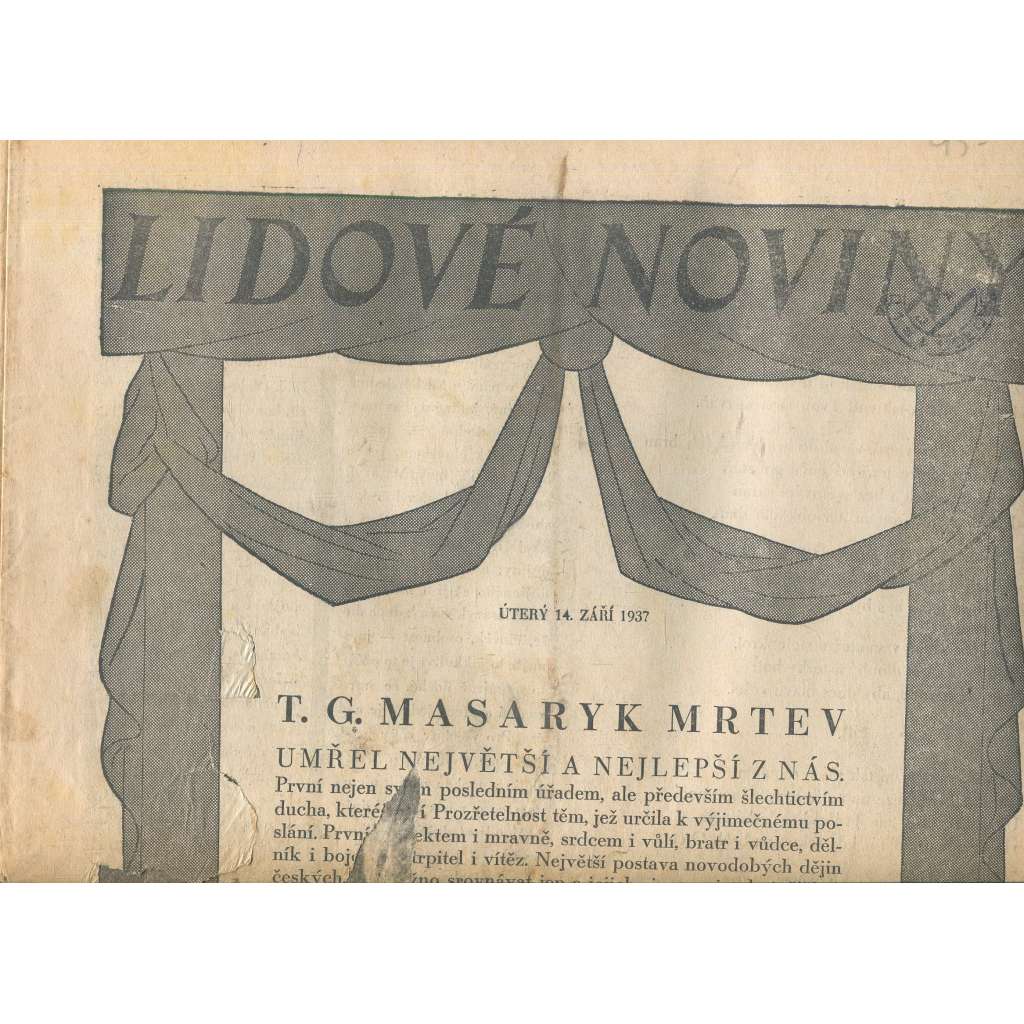Lidové noviny, 1937 (smrt T. G. Masaryk, prezident)