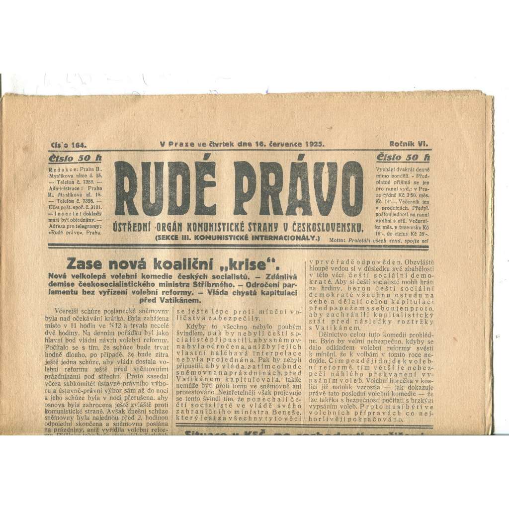 Rudé právo, ročník VI., číslo 164/1925 - staré noviny - [komunisté, komunismus]