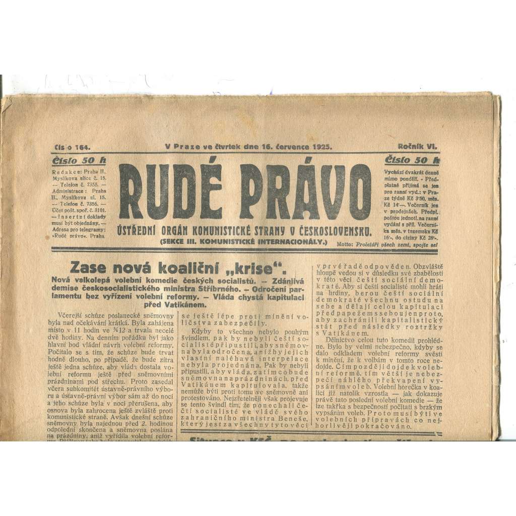 Rudé právo, ročník VI., číslo 164/1925 - staré noviny - [komunisté, komunismus]