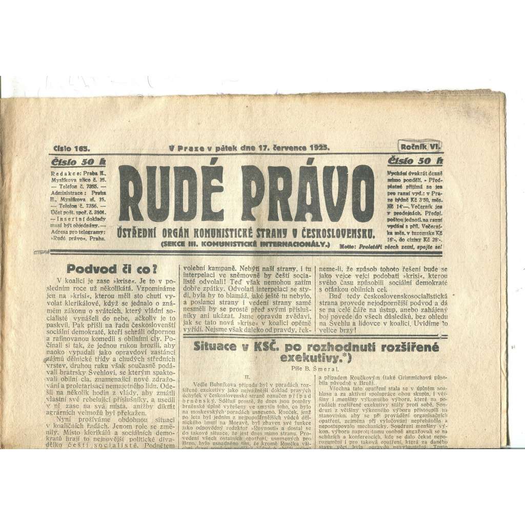 Rudé právo, ročník VI., číslo 165/1925 - staré noviny - [komunisté, komunismus]