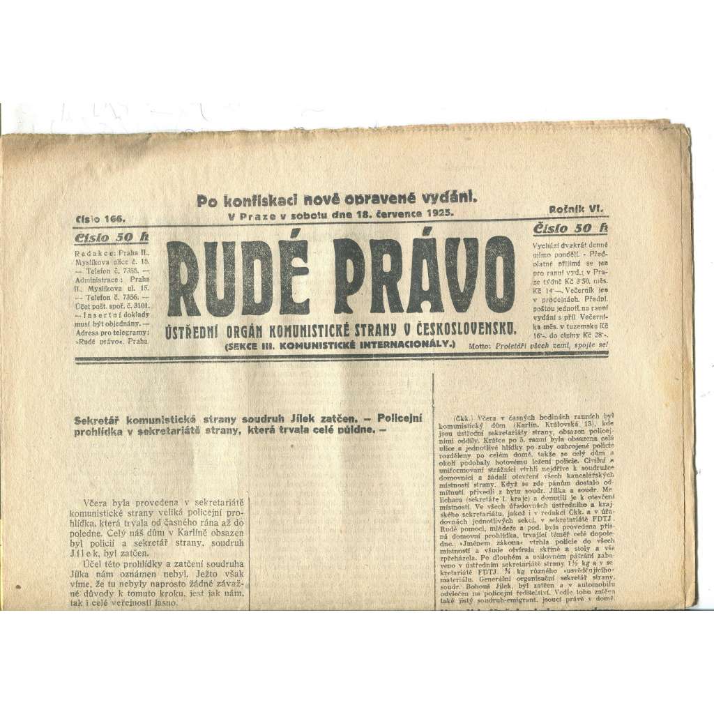 Rudé právo, ročník VI., číslo 166/1925 - staré noviny - [komunisté, komunismus]
