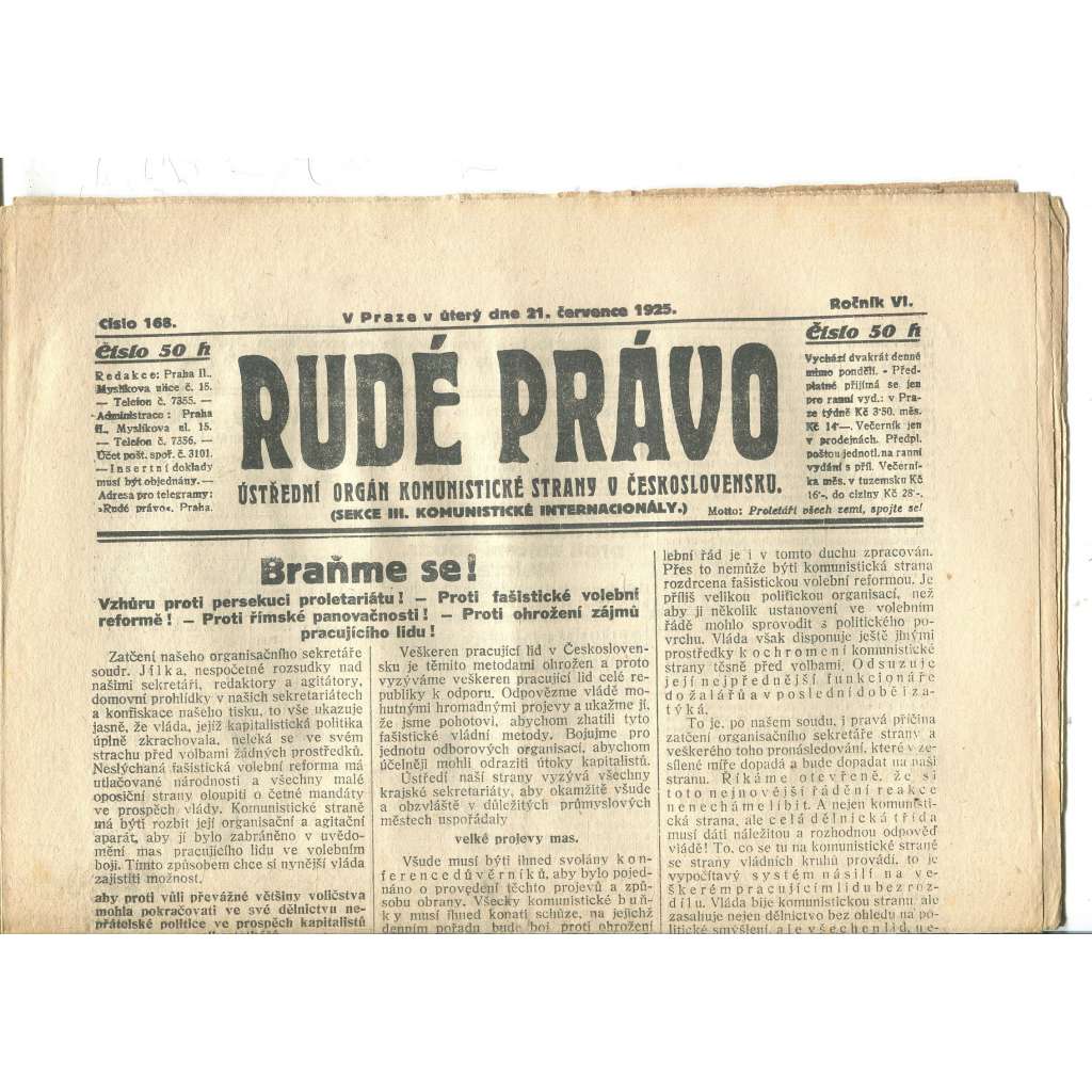 Rudé právo, ročník VI., číslo 168/1925 - staré noviny - [komunisté, komunismus]