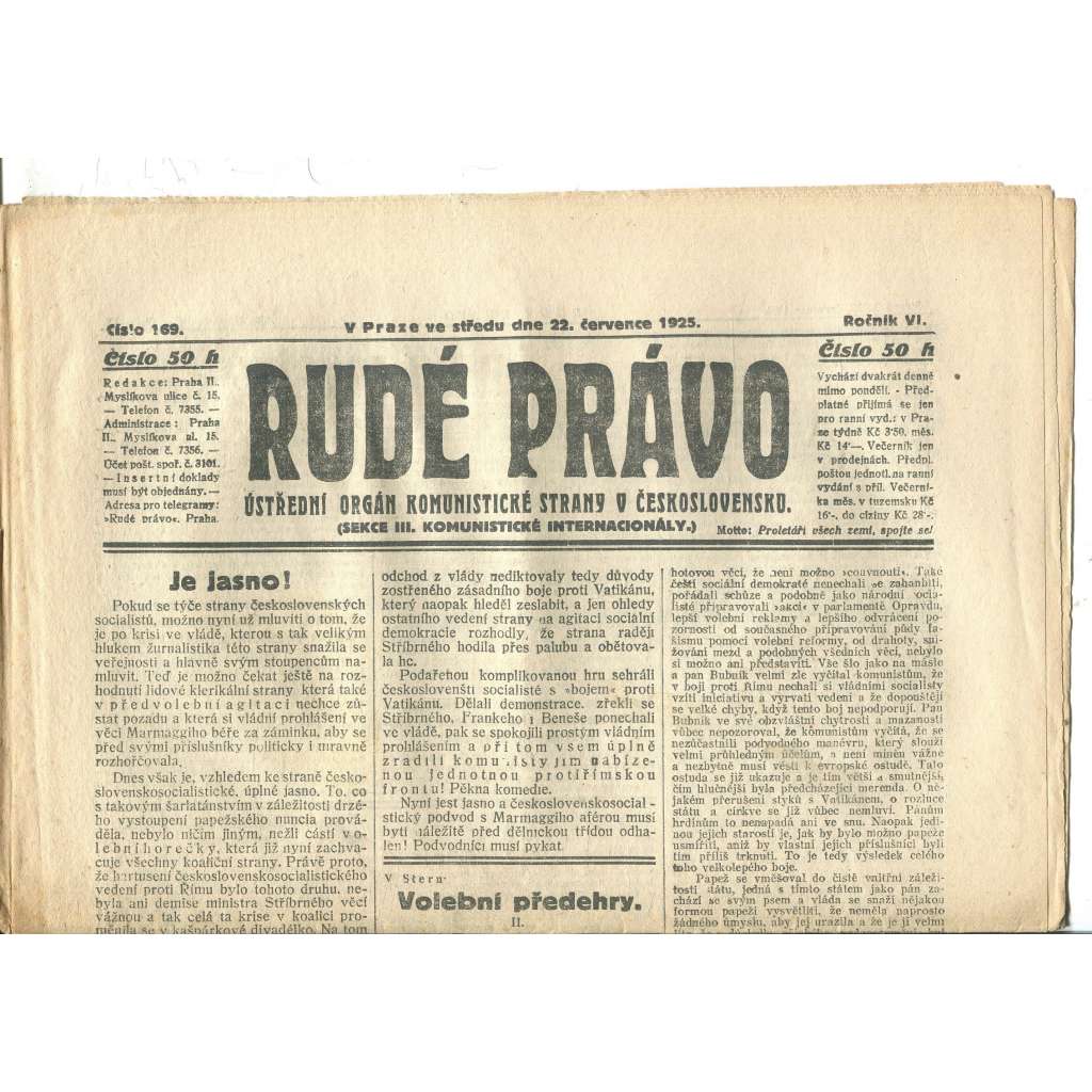 Rudé právo, ročník VI., číslo 169/1925 - staré noviny - [komunisté, komunismus]